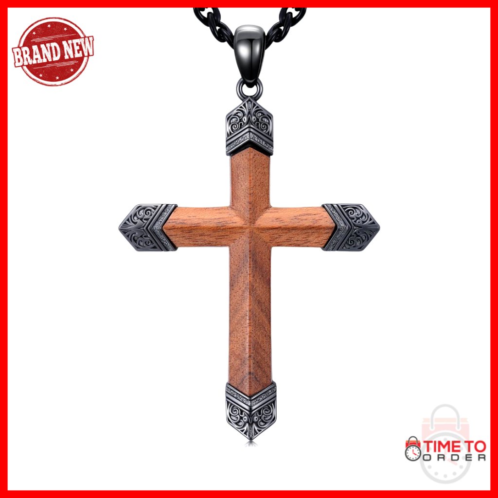 Sterling Silver Wood Cross Pendant Necklace For Men
